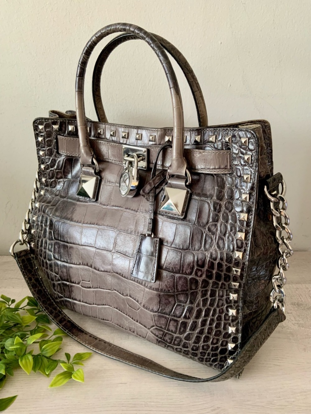 MICHAEL KORS HAMILTON GREY OMBRÉ  CROC EMBOSSED STUDDED SATCHEL SHOULDER BAG - Picture 3 of 11